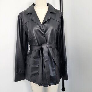 Outer Edge Faux Leather Trench Coat – Early 2000s Y2K Belted Jacket